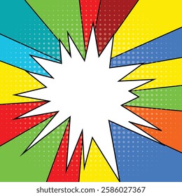 Pop Art Retro background with halftone. Colorful Comic book background. Superhero comic cartoon print. Abstract starburst pattern texture. Vector illustration.