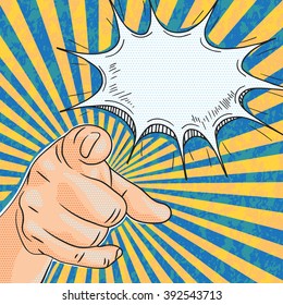 Pop art retro banner with man hand pointing on you with speech bubble for text, comics style vector dotted mans hand pointing finger