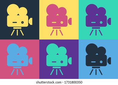 Pop art Retro cinema camera icon isolated on color background. Video camera. Movie sign. Film projector.  Vector Illustration