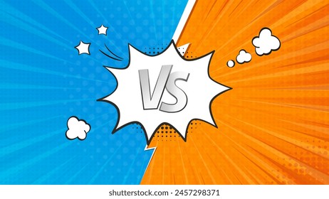 Pop art retro comic background with speech bubble. Abstract cartoon cover with versus lightning. Blue and orange vs frames. Vector EPS 10