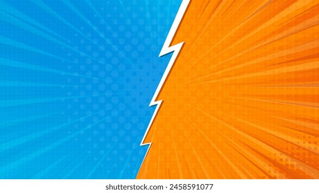 Pop art retro comic background. Abstract cartoon cover with versus lightning. Blue and orange vs frames for manga book. Vector EPS 10