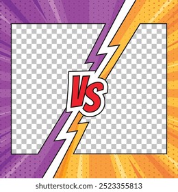 Pop art retro comic background. Abstract cartoon cover with versus lightning. Purple and orange vs frames.