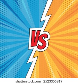 Pop art retro comic background. Abstract cartoon cover with versus lightning. Purple and orange vs frames.