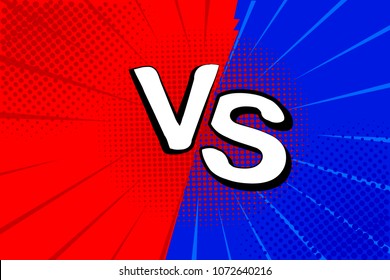 Pop art retro comic. Blue and red background. Versus lightning blast halftone dots. Cartoon vs. Vector Illustration