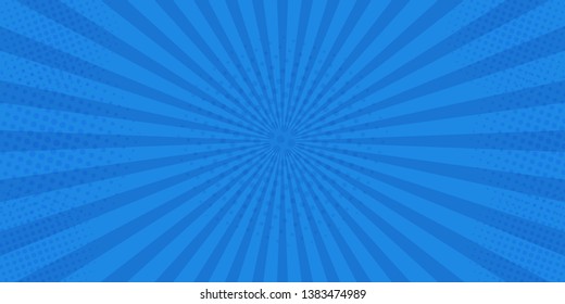Pop art retro comic. Blue background superhero. Lightning blast halftone dots. Cartoon vs. Vector Illustration.