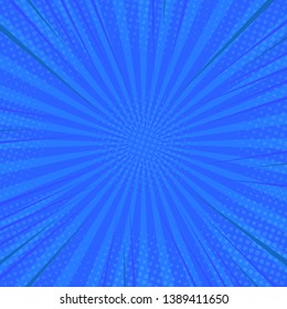 Pop art retro comic. Blue background superhero. Lightning blast halftone dots. Cartoon vs. Vector Illustration.