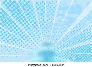 Pop art retro comic. Blue background superhero. Lightning blast halftone dots. Cartoon vs. Vector Illustration