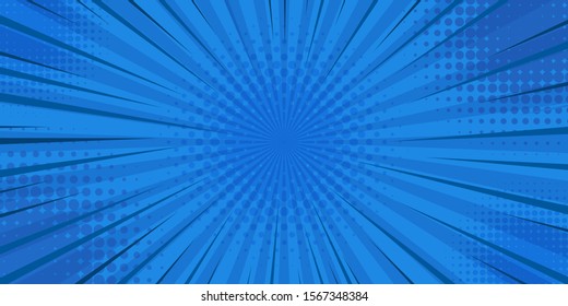 Pop art retro comic. Blue background superhero. Lightning blast halftone dots. Cartoon vs. Vector Illustration.