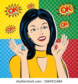 Pop Art Retro Comic Girls with OK text speech bubble