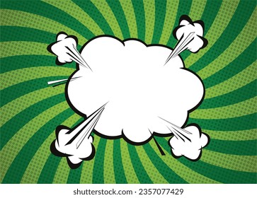 Pop art retro comic. Green background superhero. Lightning blast halftone dots. Cartoon vs. Vector