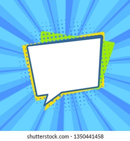 Pop art retro comic speech bubble on colorful dotted and rays backgrounds. Comics page, advertisement frame, web design, poster. 