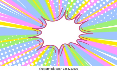 Pop art retro comic speech bubble on colorful dotted and rays backgrounds. Comics page, advertisement frame, poster. 