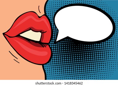 Pop art retro comic style vector illustration. Close up woman's talking. Red lips. Speech bubble 