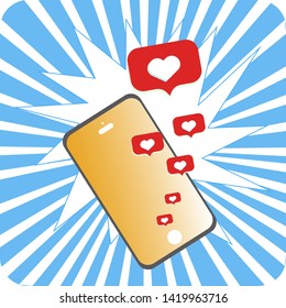 Pop art, retro comic style, icon smartphone, with heart sticker, Cartoon style, Vector Illustration