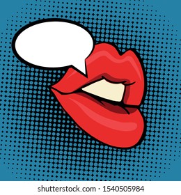 Pop art retro comic style illustration. Close up woman's talking. Red lips. Speech bubble