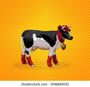 Pop Art Retro Comic Style. Vector Illustration Of A Funny Black And White Spotted Cow In A Red Hat, Scarf And Leggings With A Bell. Yellow Background. Dairy Farm In The Alps. Christmas Eve. EPS 10.