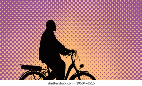 Pop art, retro comic style. A male cyclist on an e-bike rides against the backdrop of sunset. Black silhouette of an old man in profile. Active pension. Travel. Sport. Vector illustration, EPS 10.