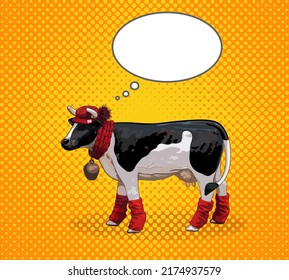 Pop Art Retro Comic Style. Vector Illustration Of A Funny Black And White Spotted Cow In A Red Hat, Scarf And Leggings With A Bell.Yellow Background.Empty Dialog Box For Text.Сopy Space, Mockup.EPS 10