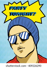 Pop art retro comic style vector illustration with young man. Party tonight? poster