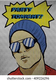 Pop art retro comic style vector illustration with young man. Party tonight? poster with dots