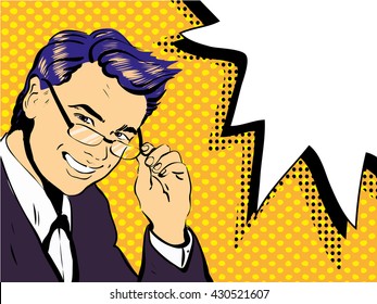 Pop art retro comic style vintage illustration with man in glasses and speech star.