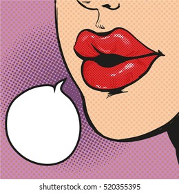 Pop Art Retro Comic Style Vector Illustration. Close Up Woman's Talking. Red Lips. Speech Bubble