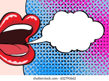 Pop art retro comic style vector illustration. Close up woman's talking. Red lips. Speech bubble