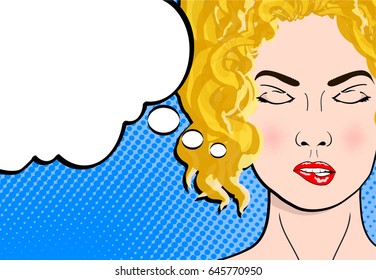 Pop art retro comic style blond woman with close eyes dreaming and empty bubble, stock vector illustration
