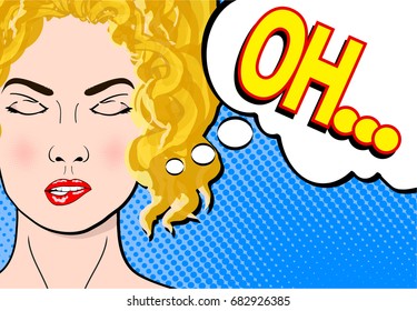 Pop art retro comic style blond woman with close eyes dreaming and word Oh in speech bubble, stock vector illustration
