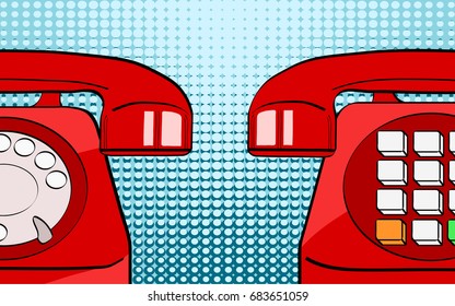 Pop art retro comic style two red old phones on bright dot background for your offer. Vector colorful hand drawn illustration eps 10