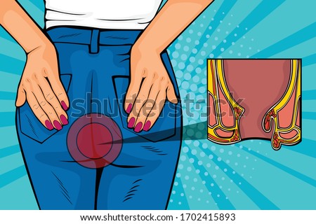 Pop art retro comic style vector illustration of human body with hemorrhoids