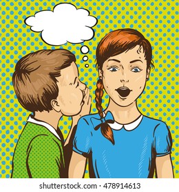 Pop art retro comic vector illustration. Kid whispering gossip or secret to his friend. ?hildren talk to each other.  Speech bubble.