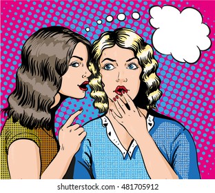 Pop art retro comic vector illustration. Woman whispering gossip or secret to her friend. Speech bubble.