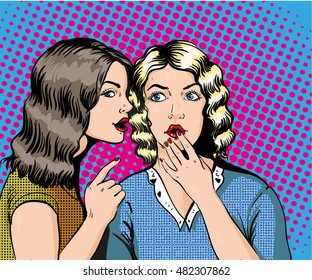 Pop art retro comic vector illustration. Woman whispering gossip or secret to her friend.