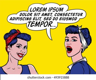 Pop art retro comic vector illustration. Two young girls, one speaks, the other is smiling.

