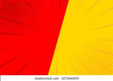 Pop art retro comic. Yellow and red background. Versus lightning blast halftone dots. Cartoon vs. Vector Illustration