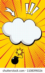 Pop art retro comic. Yellow background. Lightning blast halftone dots. Comic speech bubbles. Vector Illustration.
