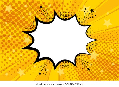 Pop Art Retro Comic. Yellow Background Superhero. Lightning Blast Halftone Dots. Cartoon Vs. Vector