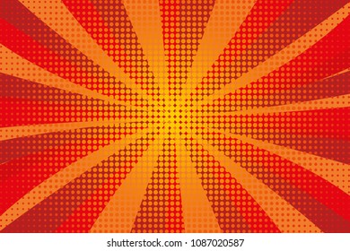 Pop art retro comic. Yellow-red background. Lightning blast halftone dots. Cartoon background, superhero. Vector Illustration