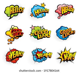 Exclamaciones de arte pop retro y burbujas de discursos de deseos y explosiones. Hola saludo, buena suerte deseo y sí fuerte exclamación iconos o pegatinas con estrellas y medio tono vector de dibujos animados