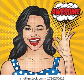 Pop art retro girl curly hair vinking, happy smiling and showing okay sign, product presentation, happy facial expressions