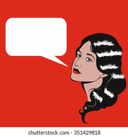 Pop Art retro illustration of woman with speech bubble. Girl in Pop Art style. Advertising poster. Portrait of comic book woman vector