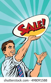 Pop art retro man announcing sales, vector illustration. the businessman, seller