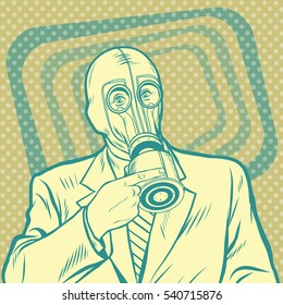 Pop art retro man in gas mask pointing sideways vector illustration