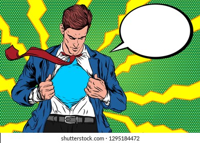 Pop Art Retro, A man Open Cloth. Super hero male businessman. Corporate, courage, Vector Illustration