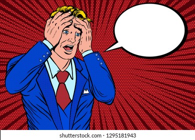 Pop Art Retro. Stressed Businessman . holding his head. Disappointed Man, Vector Illustration