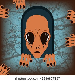 Pop art Retro style cartoon Apricot crush Alien on grunge texture background. Trendy vintage art can be used t-shirt, notebook print. Y2K Vector illustration in Groovy modern 70s 60s style.