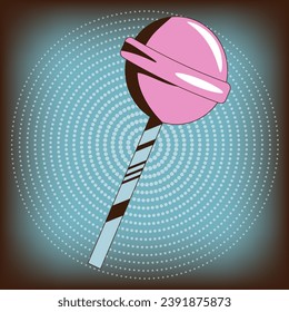 Pop art Retro style cartoon Lollipop candy on texture gradient background. Trendy vintage art can be used t-shirt, notebook print. Vector illustration in Groovy modern style.
