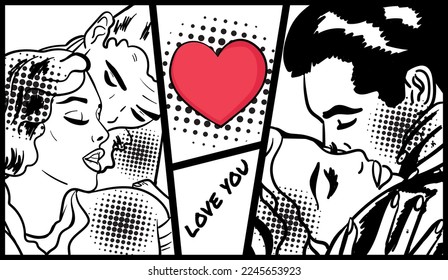 Pop art retro style comics with a couple and heart. Romantic vector illustration.