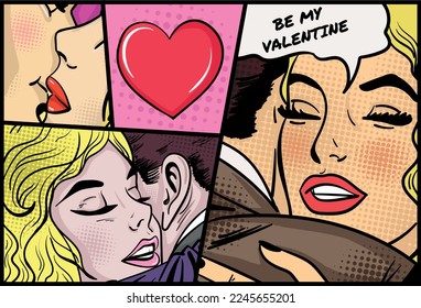 Pop art retro style comics with a couple and heart. Romantic vector illustration.